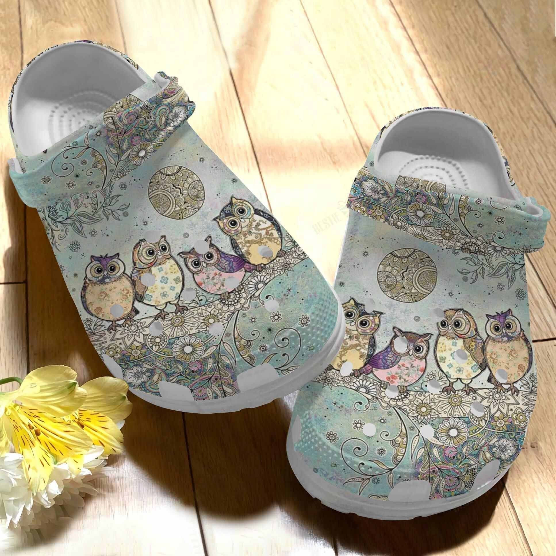 4 Owls And Flower Pattern Clogs Crocs Shoes Gifts For Birthday Thanksgiving Christmas