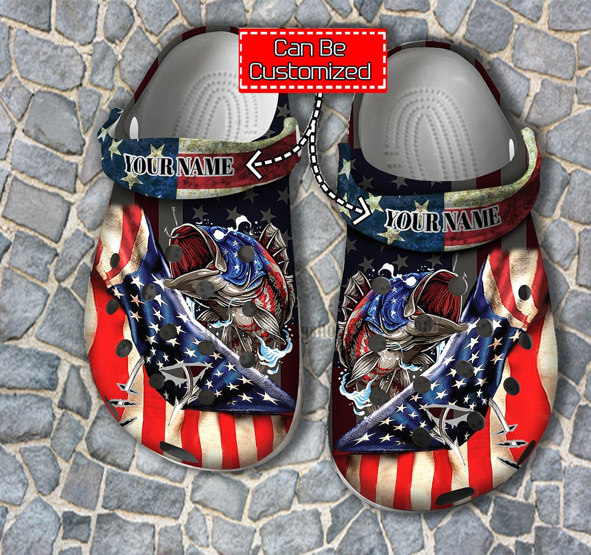 4Th Of July Bass Fishing Crocs Shoes For Men Father Day- Hook Bass Fishing Usa Flag Shoes Croc Clogs Customize