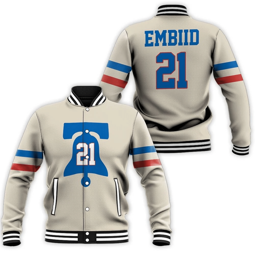 76ers Joel Embiid 2020-21 Earned Edition Cream Baseball Jacket for Men Women