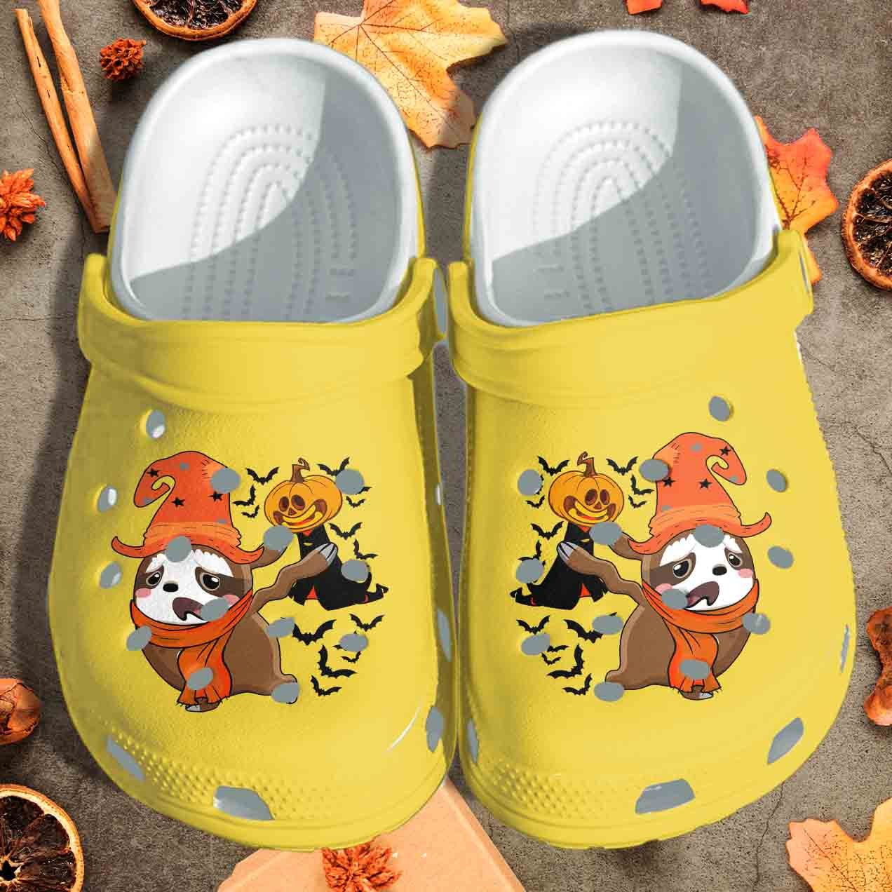 A Sloth Is Afraid Of Pumpkin Ghost Shoes – Funny Halloween Pumpkin Crocs Clog Birthday Gift
