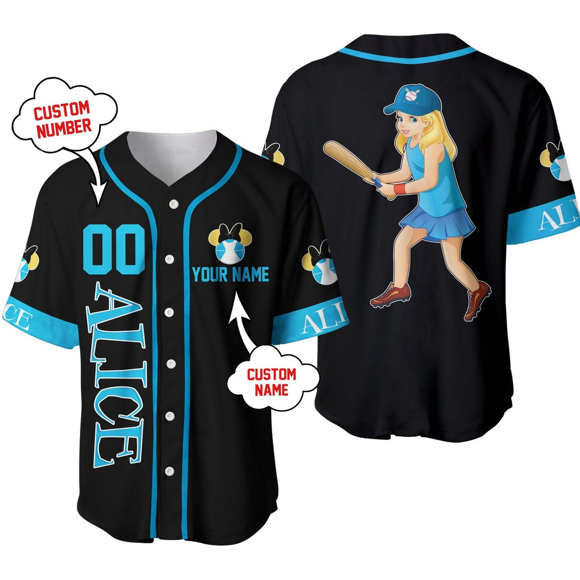 Alice In Wonderland Blue Black Disney Unisex Cartoon Custom Baseball Jersey Personalized Shirt Men Women