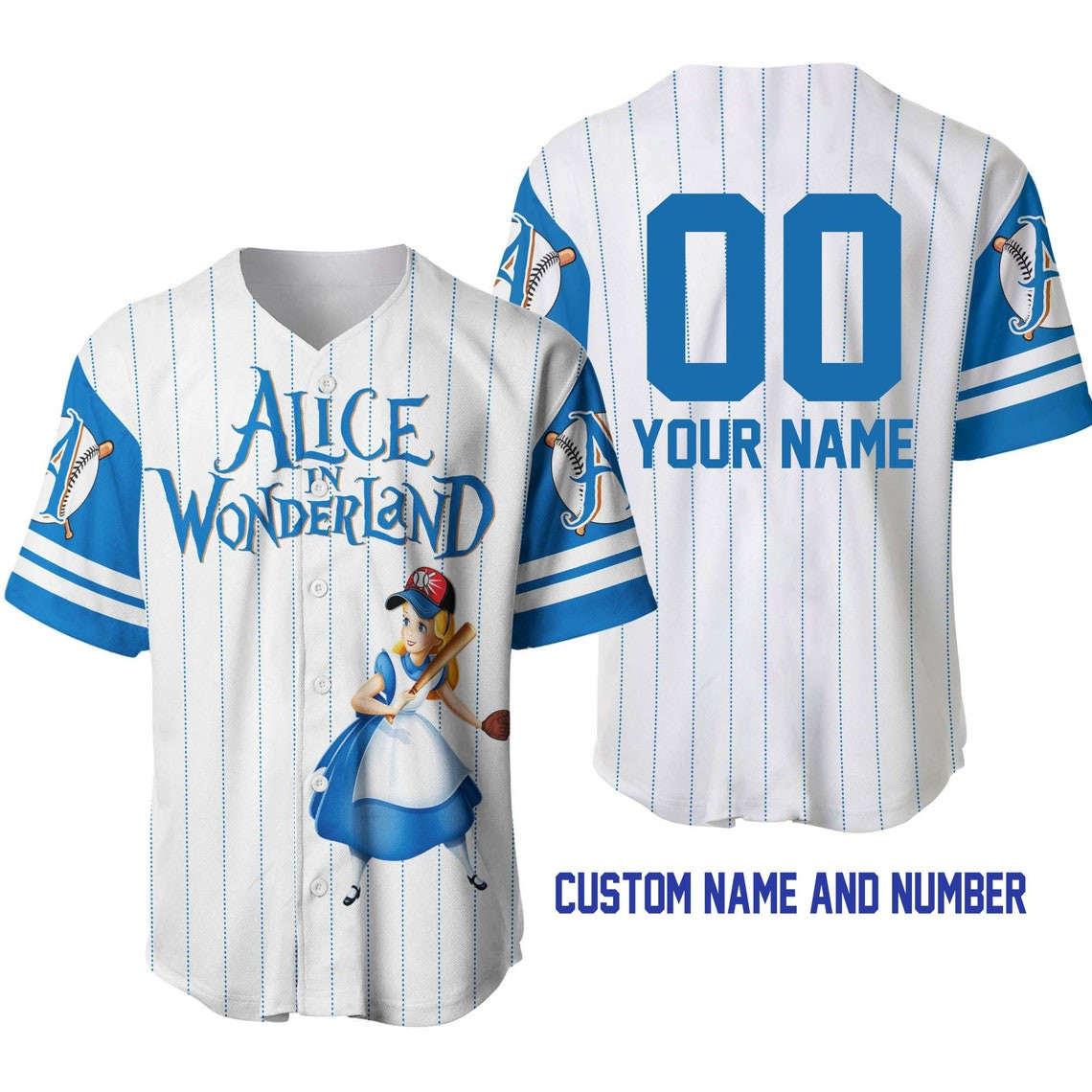 Alice Wonderland White Blue Disney Unisex Cartoon Custom Baseball Jersey Personalized Shirt Men Women