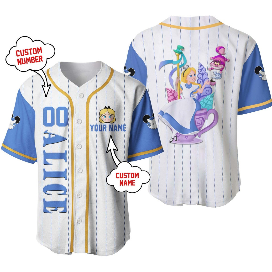 Alice in Wonderland Disney Unisex Cartoon Custom Baseball Jersey Personalized Shirt Kid Youth Men Women