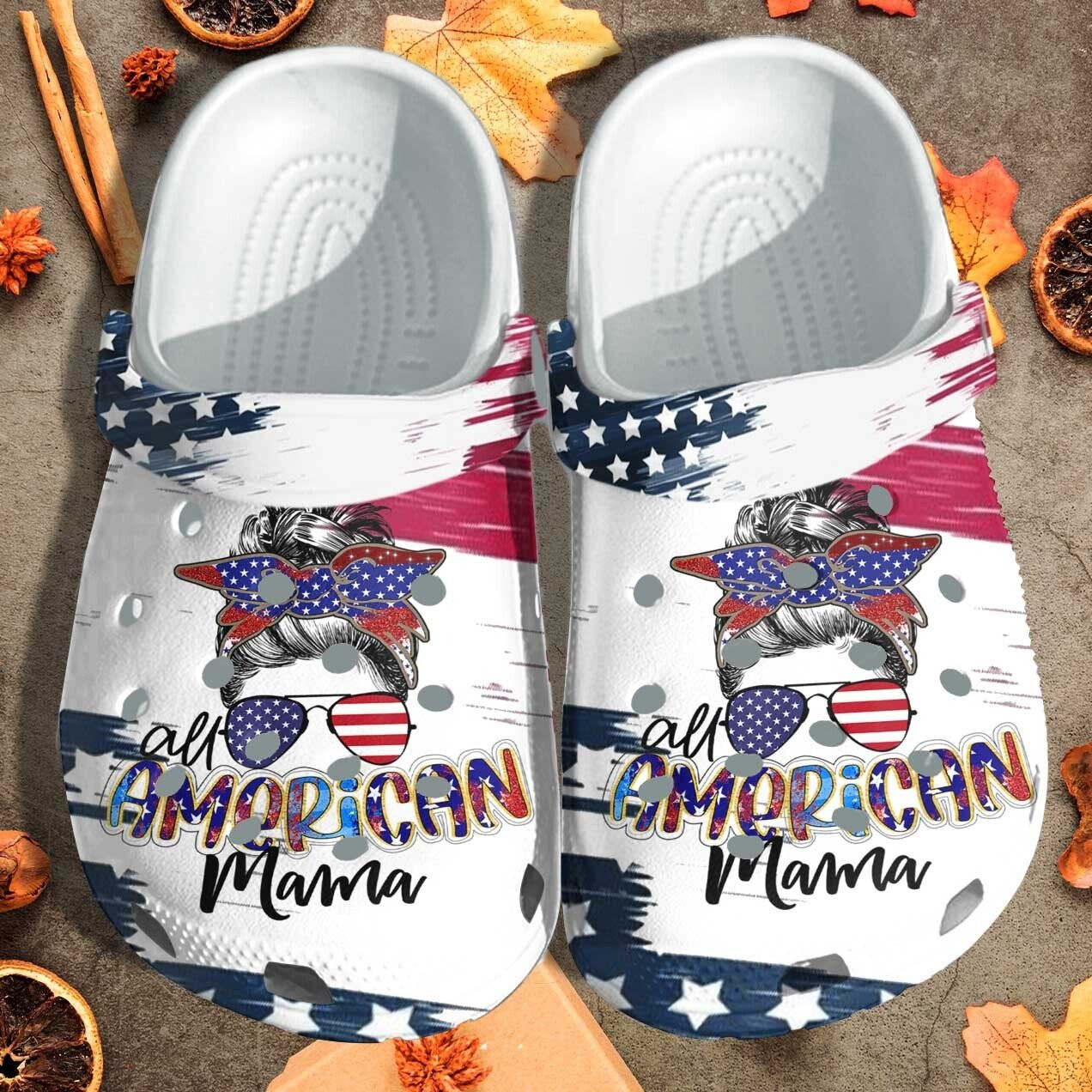 All American Mama Messy Custom Crocs Shoes Clogs - Bun Hair Style American Flag Outdoor Crocs Shoes Clog