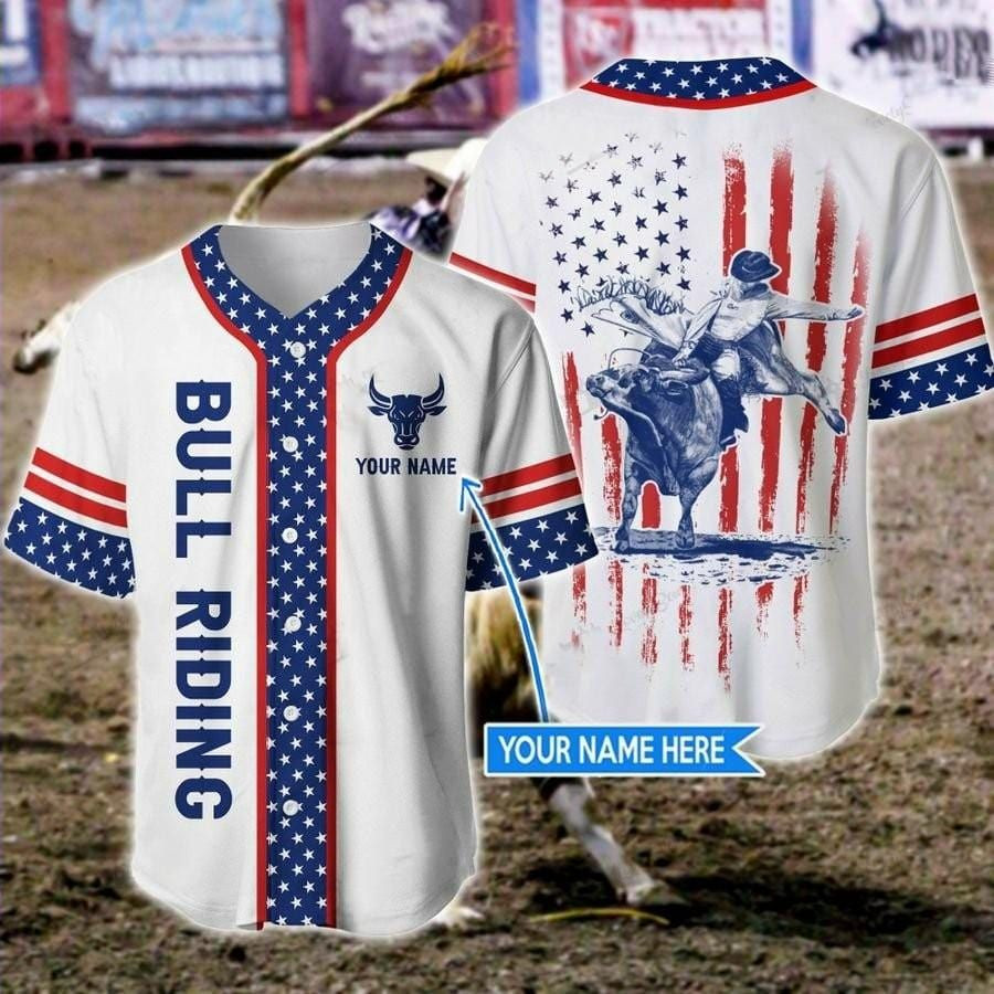 America Bull Riding Flag Custom Name Baseball Jersey