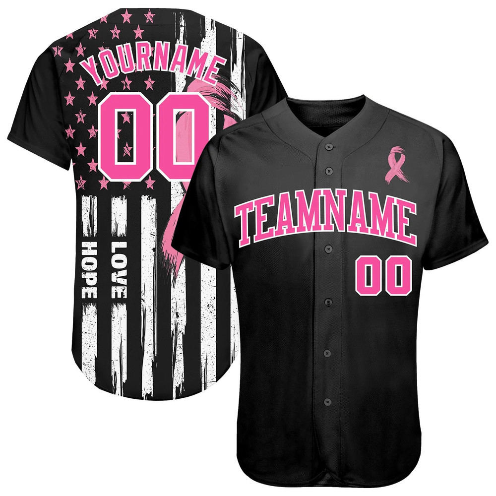 American Flag Pink Ribbon Breast Cancer Custom Name And Number Baseball Jersey