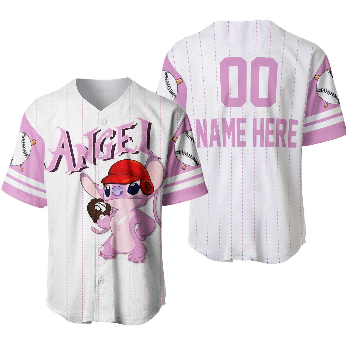 Angel Stitch Girlfriend White Pink Disney Unisex Cartoon Custom Baseball Jersey Personalized Shirt Men Women