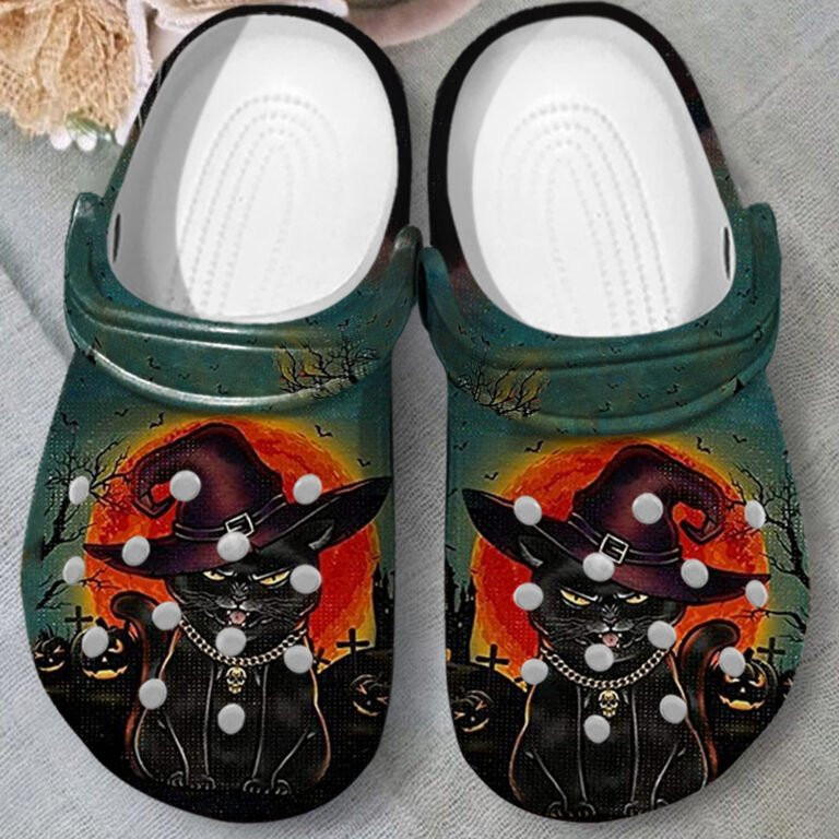 Angry Black Cat At Night Shoes Crocs Clogs Halloween Gifts For Men Women