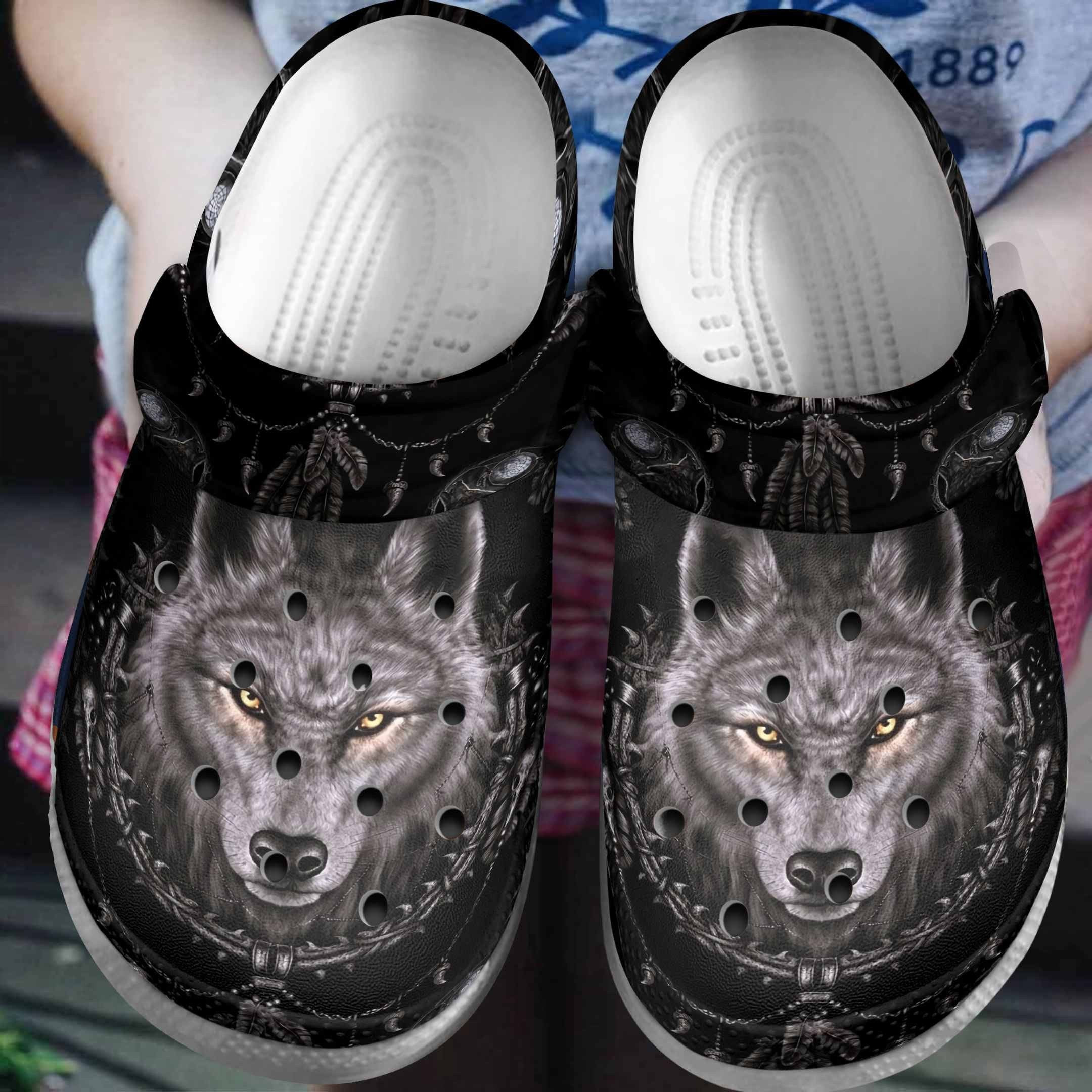Angry Grey Wolf Shoes - Wolf In The Dark Crocs Clog Gifts For Birthday