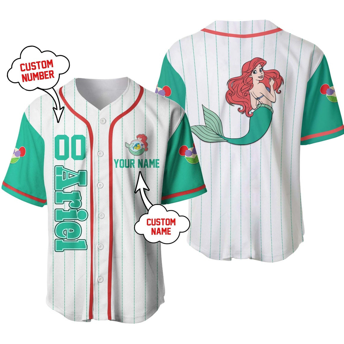 Ariel Little Mermaid Disney Unisex Cartoon Custom Baseball Jersey Personalized Shirt Kid Youth Men Women