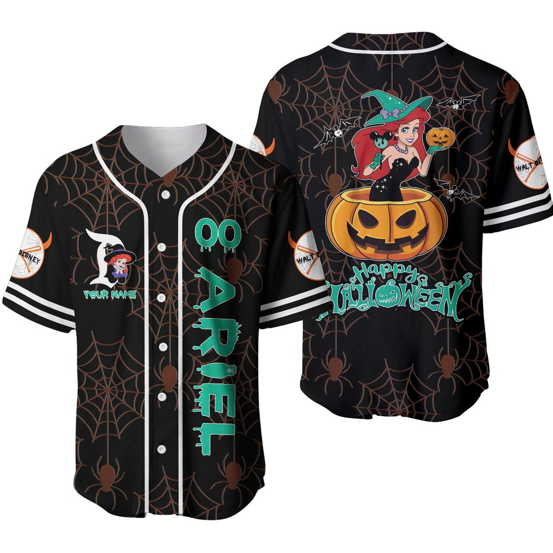 Ariel Princess Black Clear Happy Halloween Disney Unisex Cartoon Custom Baseball Jersey Personalized Shirt Men Women