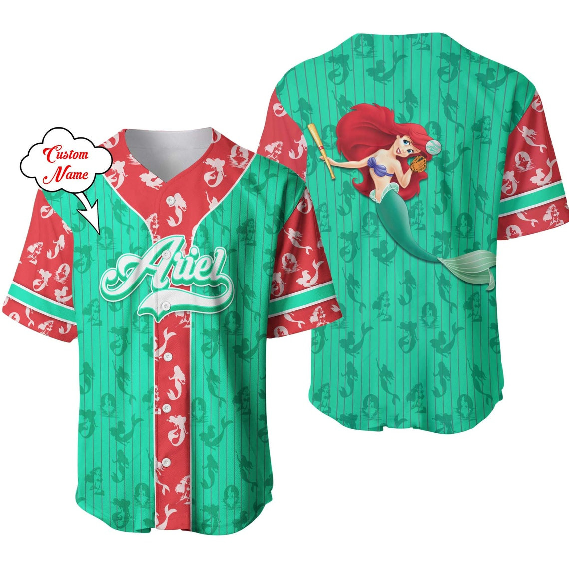 Ariel Princess Red Green Patterns Disney Unisex Cartoon Custom Baseball Jersey Personalized Shirt Men Women