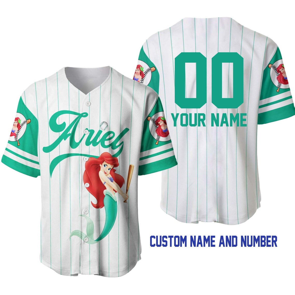 Ariel Princess White Mint Green Disney Unisex Cartoon Custom Baseball Jersey Personalized Shirt Men Women
