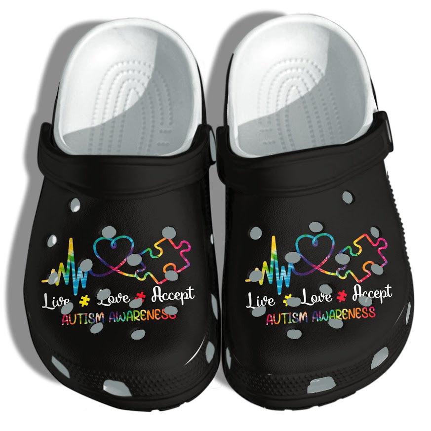 Autism Awareness Crocs Heartbeat Live Love Accept Crocband Clog Shoes For Men Women