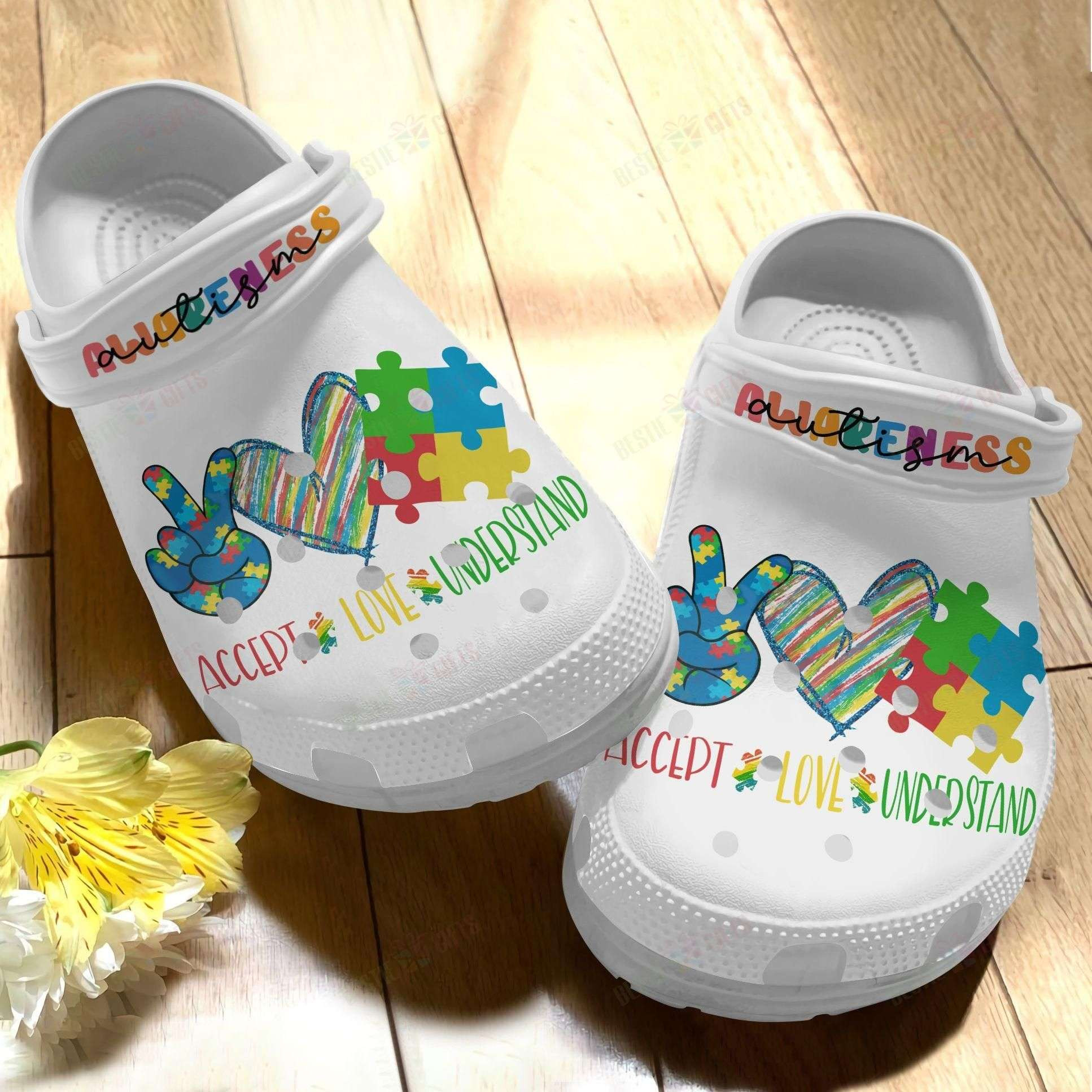 Autism Awareness Day Accept Understand Love Puzzle Pieces Crocs Crocband Clog Shoes