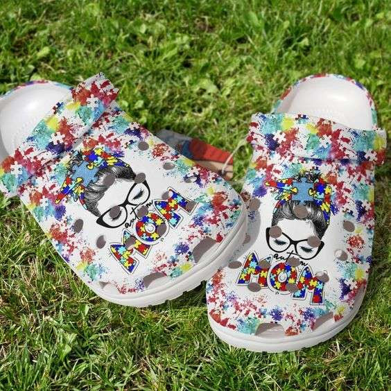 Autism Awareness Day Autism Mom Messy Bun Puzzle Pieces Paint Color Crocs Crocband Clog Shoes