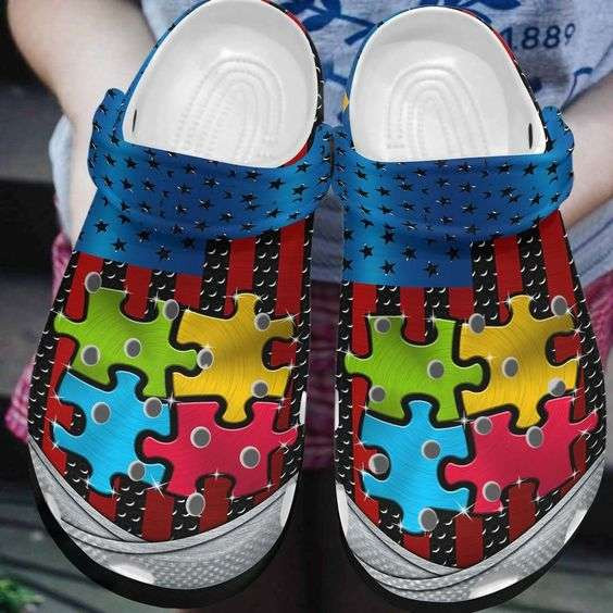 Autism Awareness Day Autism Puzzle Usa Flag Iron Style Crocs Crocband Clog Shoes