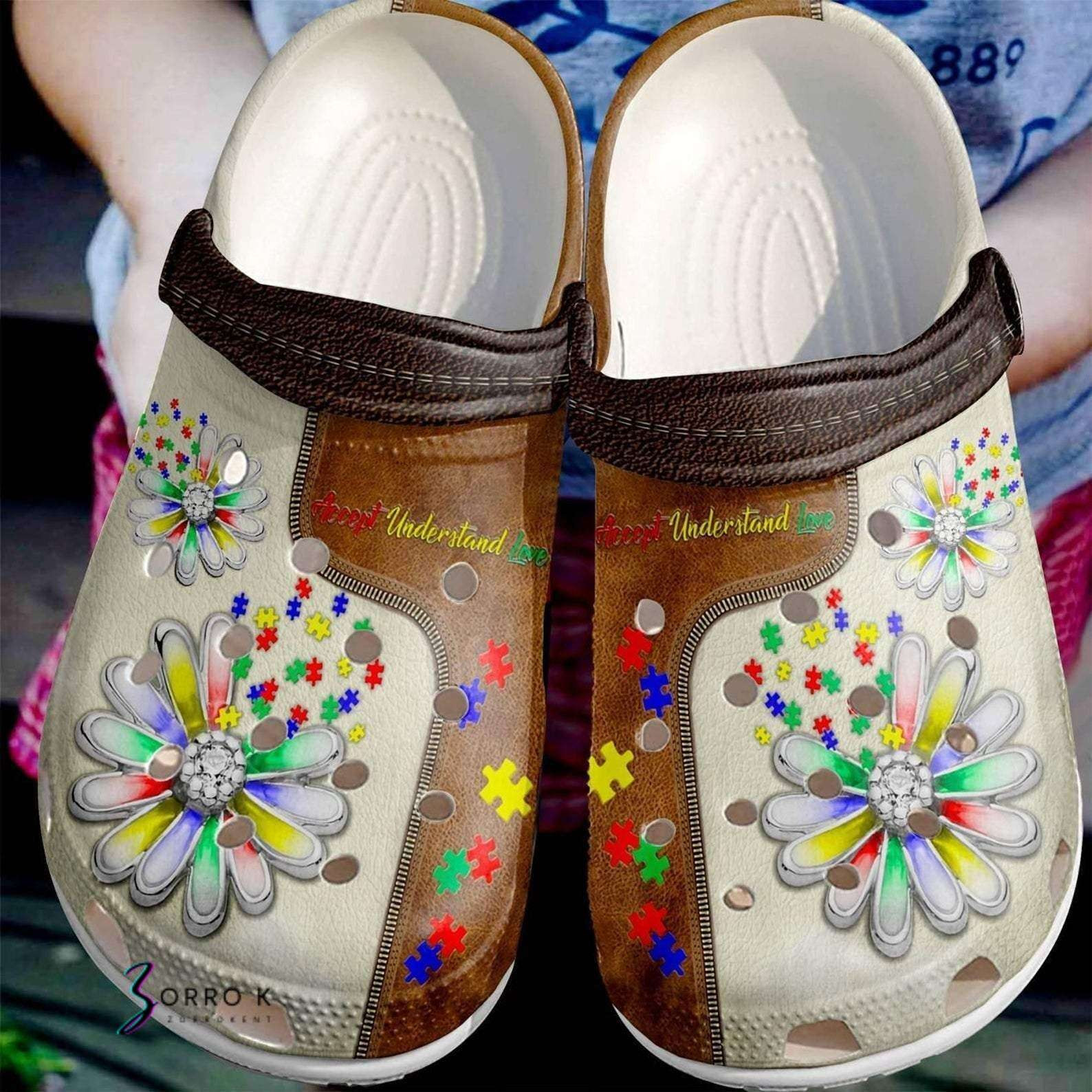 Autism Awareness Day Daisy Flower Accept Understand Love Puzzle Pieces Crocs Crocband Clog Shoes