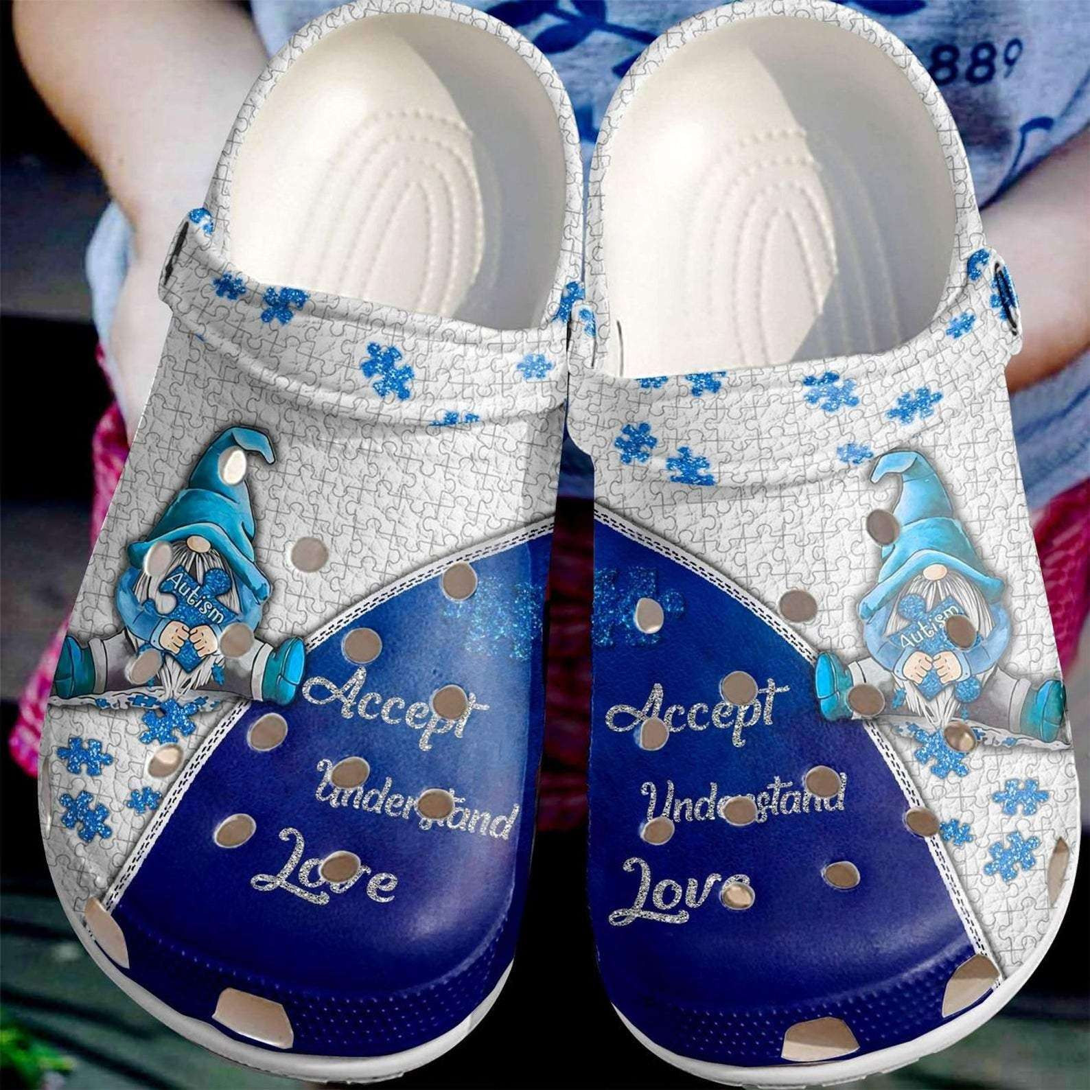 Autism Awareness Day Gnome Accept Understand Love Puzzle Pieces Crocs Crocband Clog Shoes