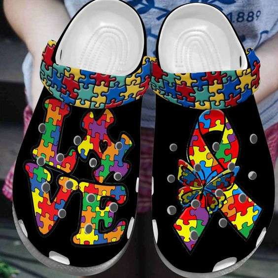 Autism Awareness Day Love Autism Butterfly And Ribbon Puzzle Pieces Crocs Crocband Clog Shoes