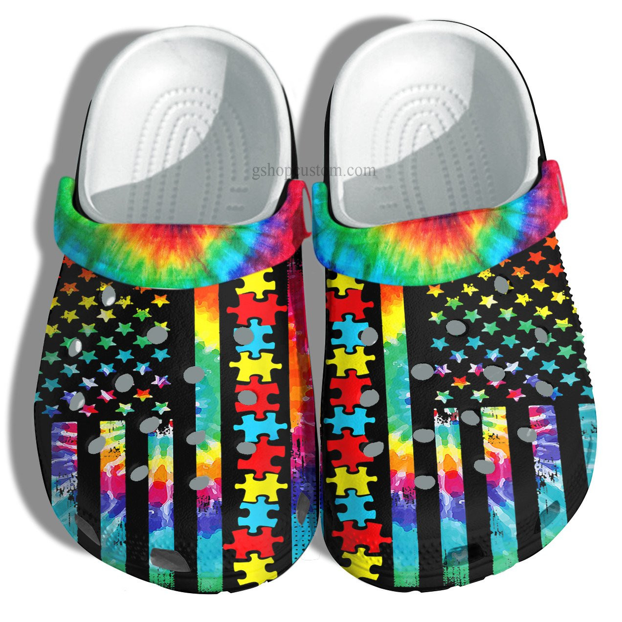 Autism Awareness Usa Flag Puzzle Crocs Shoes Gift For Son Daughter – Hippie America Flag Autism Shoes Croc Clogs
