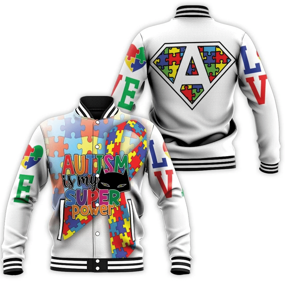 Autism Is My Super Power Baseball Jacket for Men Women