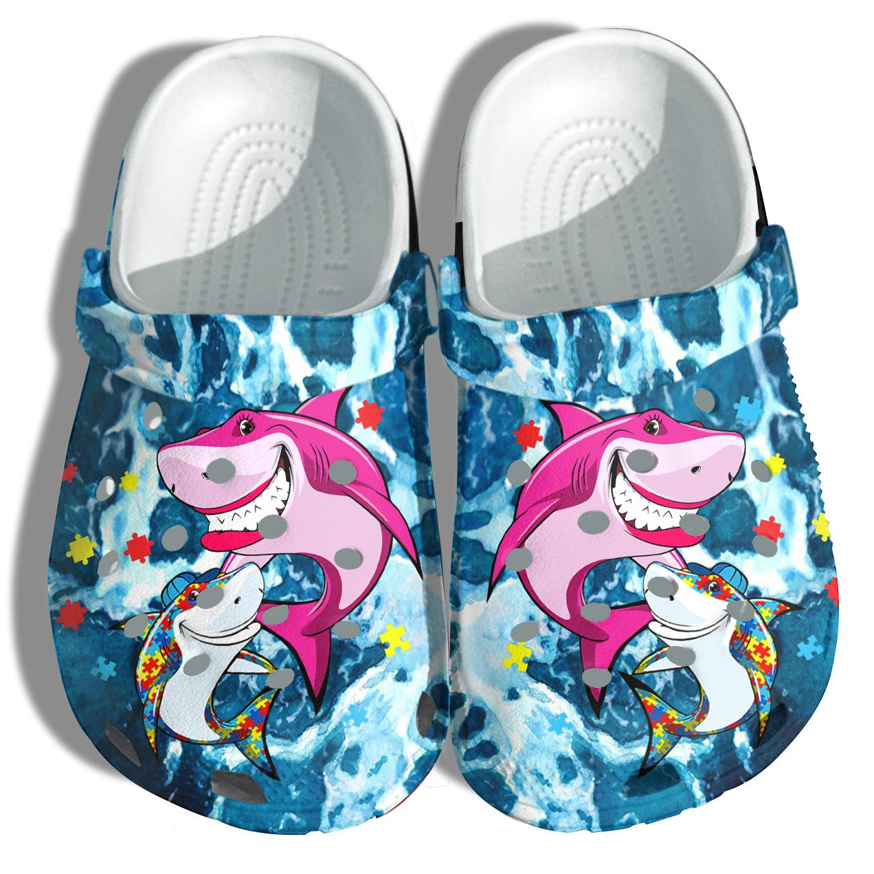 Autism Shark Mom And Shark Baby Beach Crocs Shoes – Autism Awareness Shark Ocean Blue Shoes Croc Clogs
