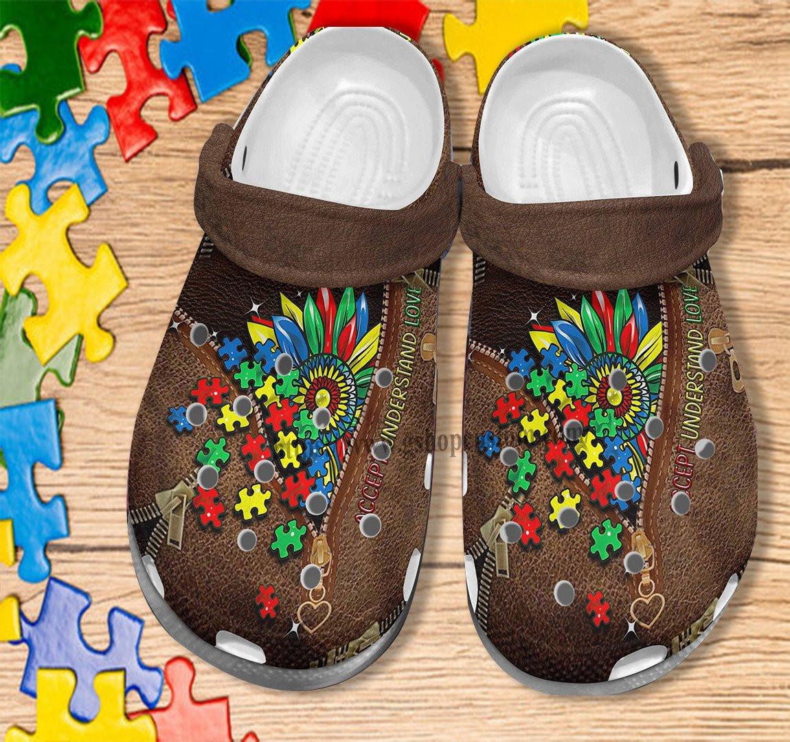 Autism Sunflower Leather Crocs Shoes - Accept Under Stand Love Autism Shoes Croc Clogs
