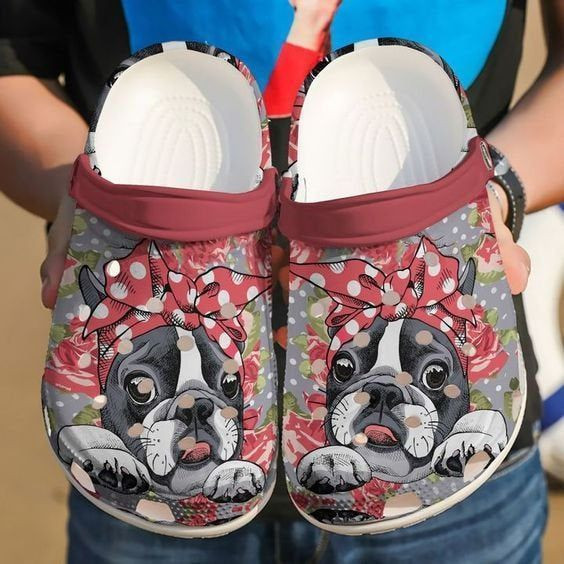 Awesome Boston Terrier Floral Rubber Crocs Clog Shoes Comfy Footwear
