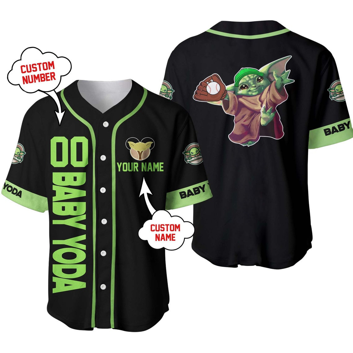 Baby Yoda Black Green Disney Unisex Cartoon Custom Baseball Jersey Personalized Shirt Men Women