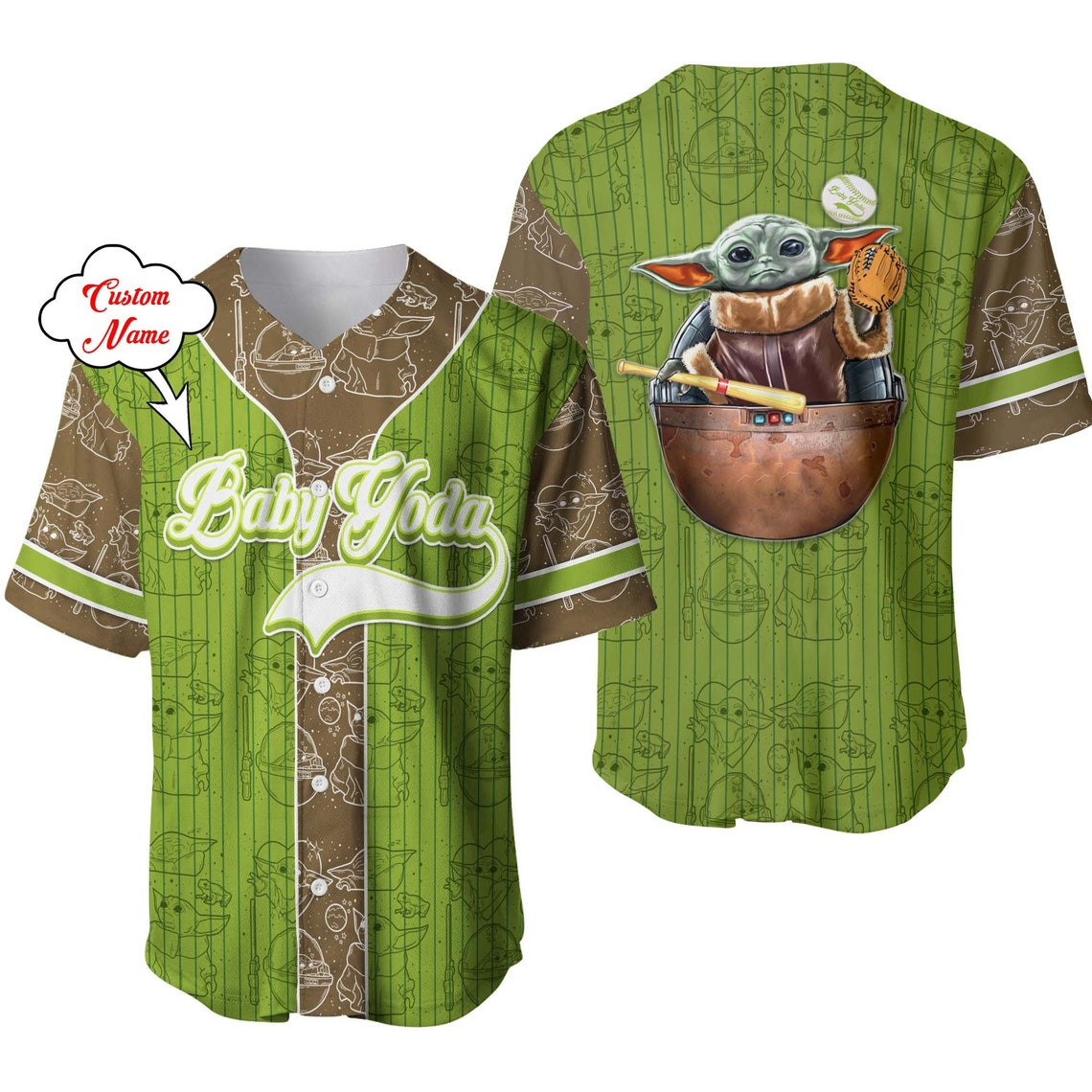 Baby Yoda Brown Navy Green Patterns Disney Unisex Cartoon Custom Baseball Jersey Personalized Shirt Men Women