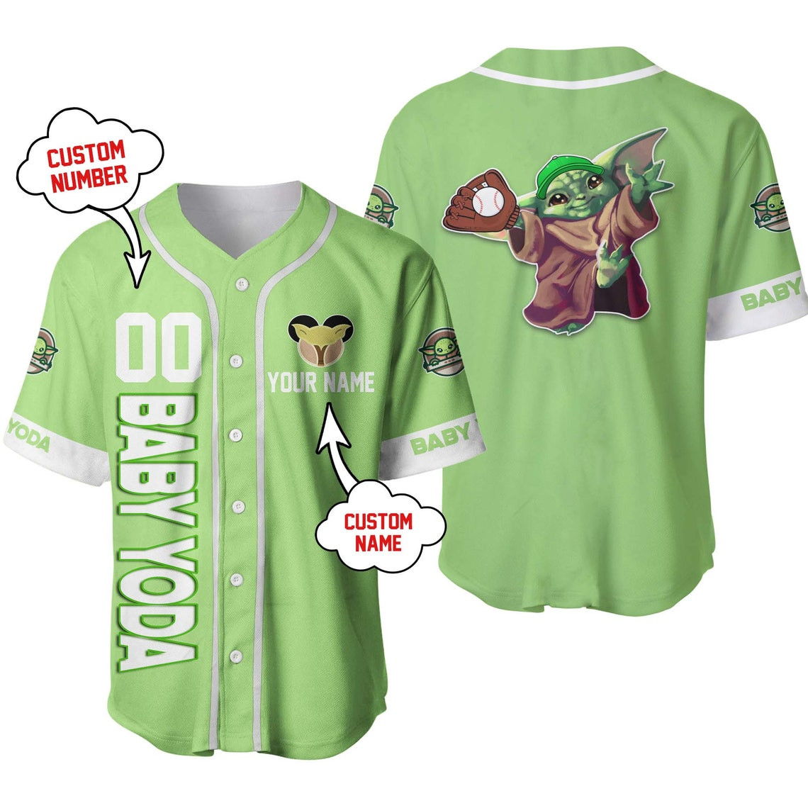 Baby Yoda Green Custom name Disney Unisex Cartoon Custom Baseball Jersey Personalized Shirt Men Women