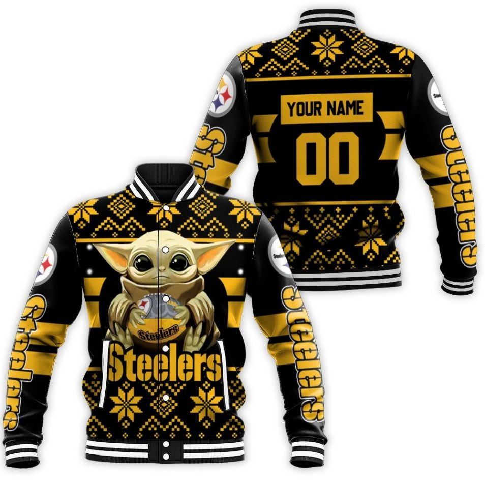 Baby Yoda Hugs Pittsburgh Steelers Football Personalized Baseball Jacket for Men Women