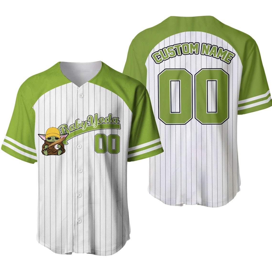 Baby Yoda Striped Green White Unisex Cartoon Custom Baseball Jersey Personalized Shirt Men Women