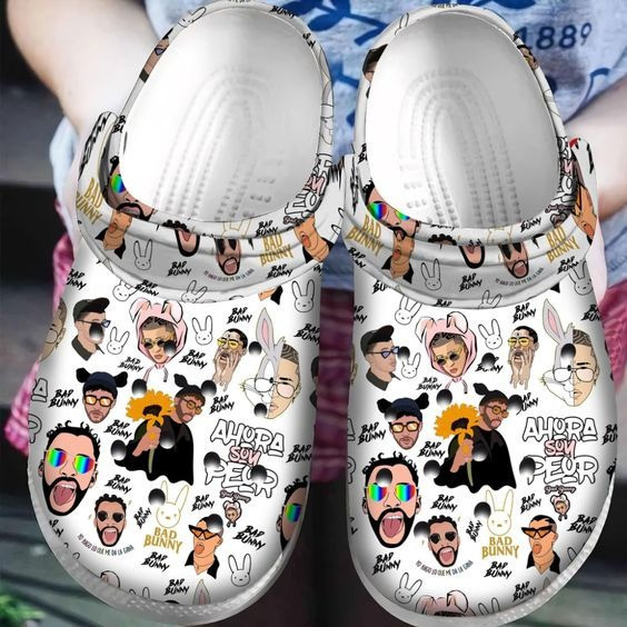 Bad Bunny Singer Cute Face Ahora Gift Rubber Crocs Clog Shoes Comfy Footwear