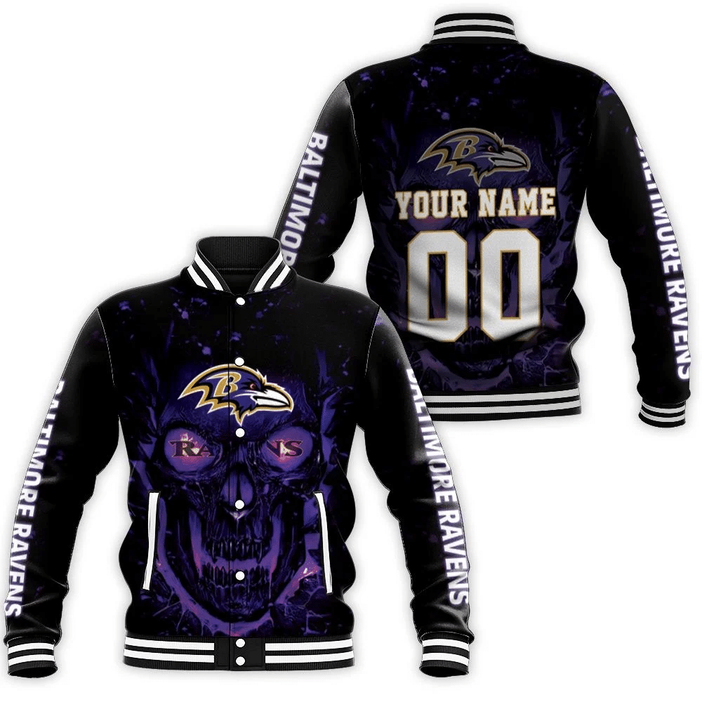 Baltimore Ravens Nfl Skull For Fan 3d Personalized Baseball Jacket for Men Women