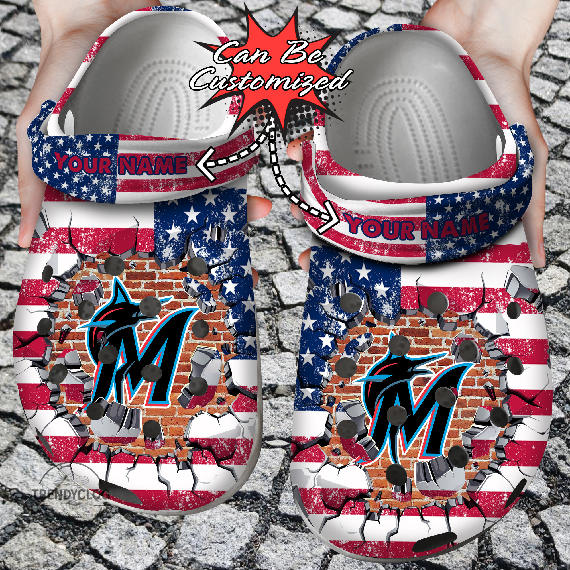 Baseball Crocs Personalized MMarlins American Flag Breaking Wall Clog Shoes