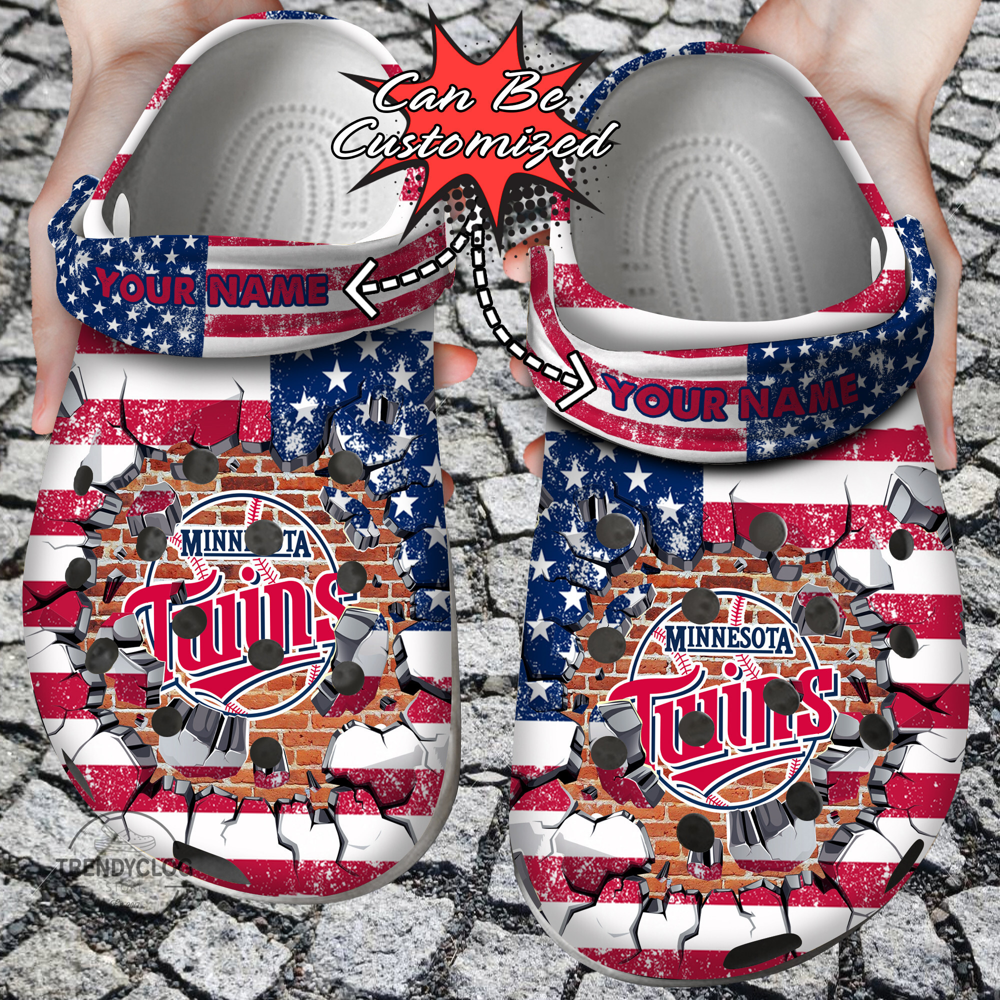 Baseball Crocs Personalized MTwins American Flag Breaking Wall Clog Shoes