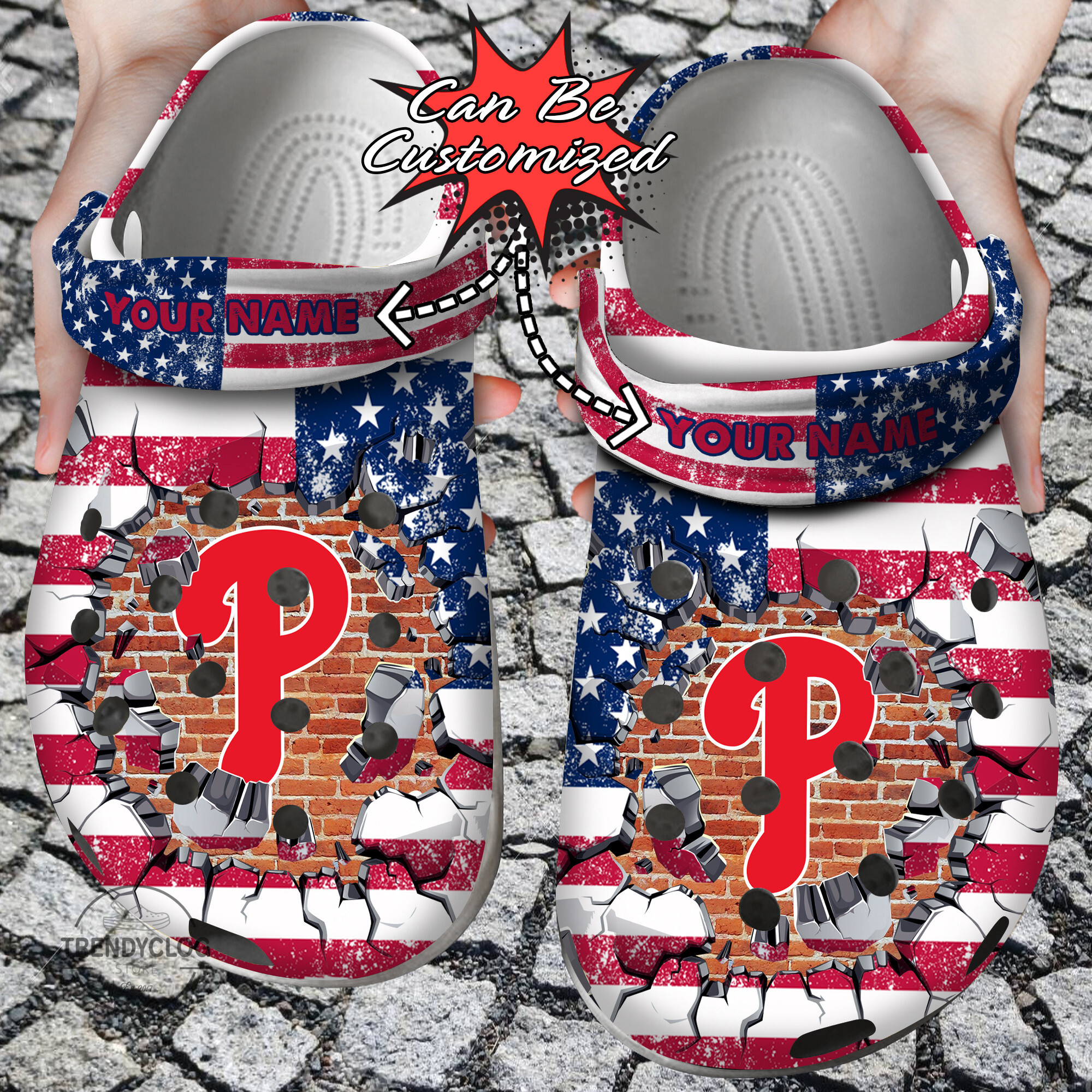Baseball Crocs Personalized PPhillies American Flag Breaking Wall Clog Shoes