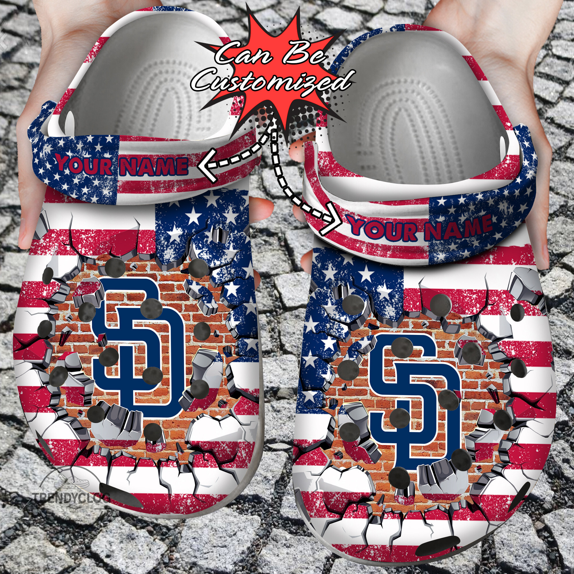 Baseball Crocs Personalized SD Padres American Flag Breaking Wall Clog Shoes