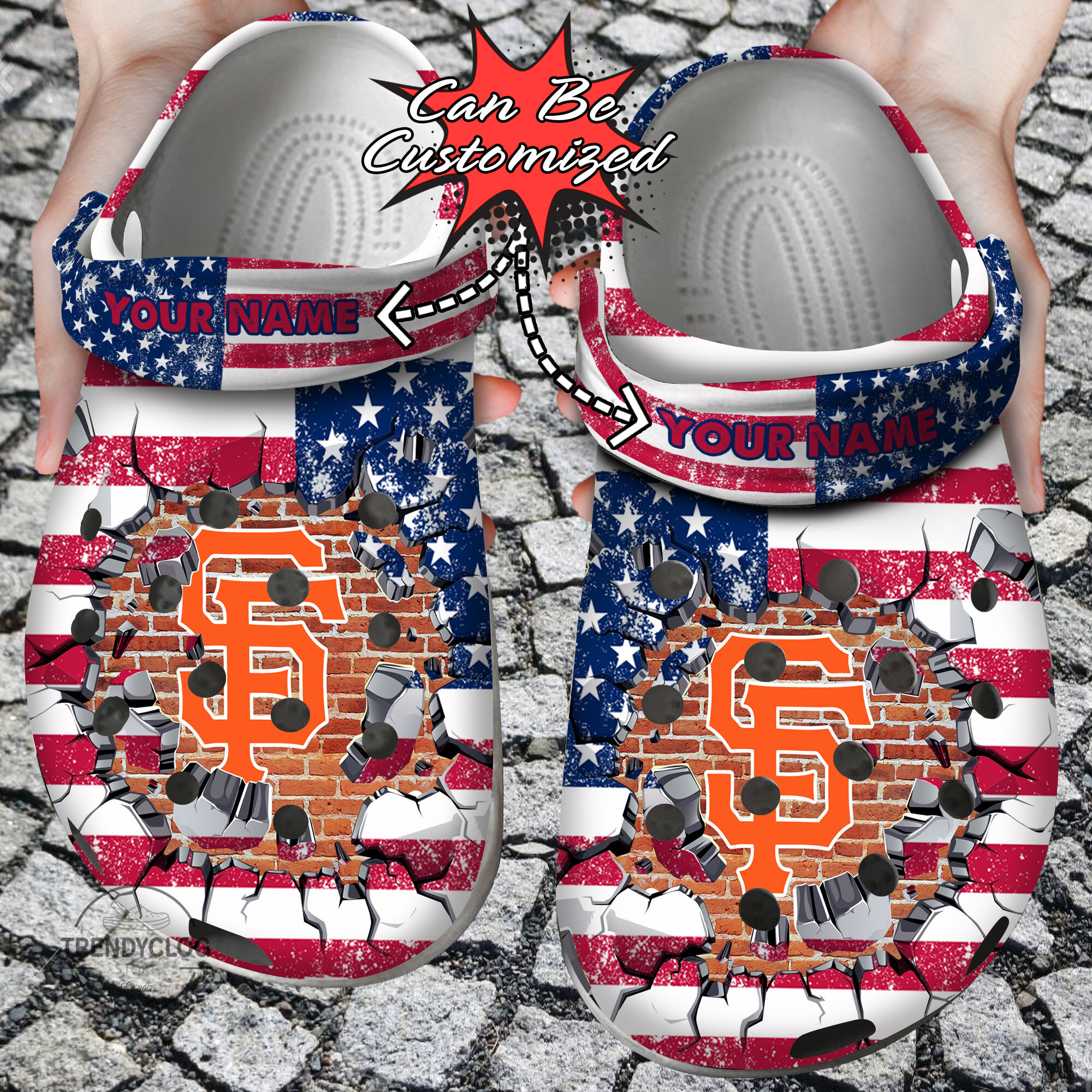 Baseball Crocs Personalized SF Giants American Flag Breaking Wall Clog Shoes