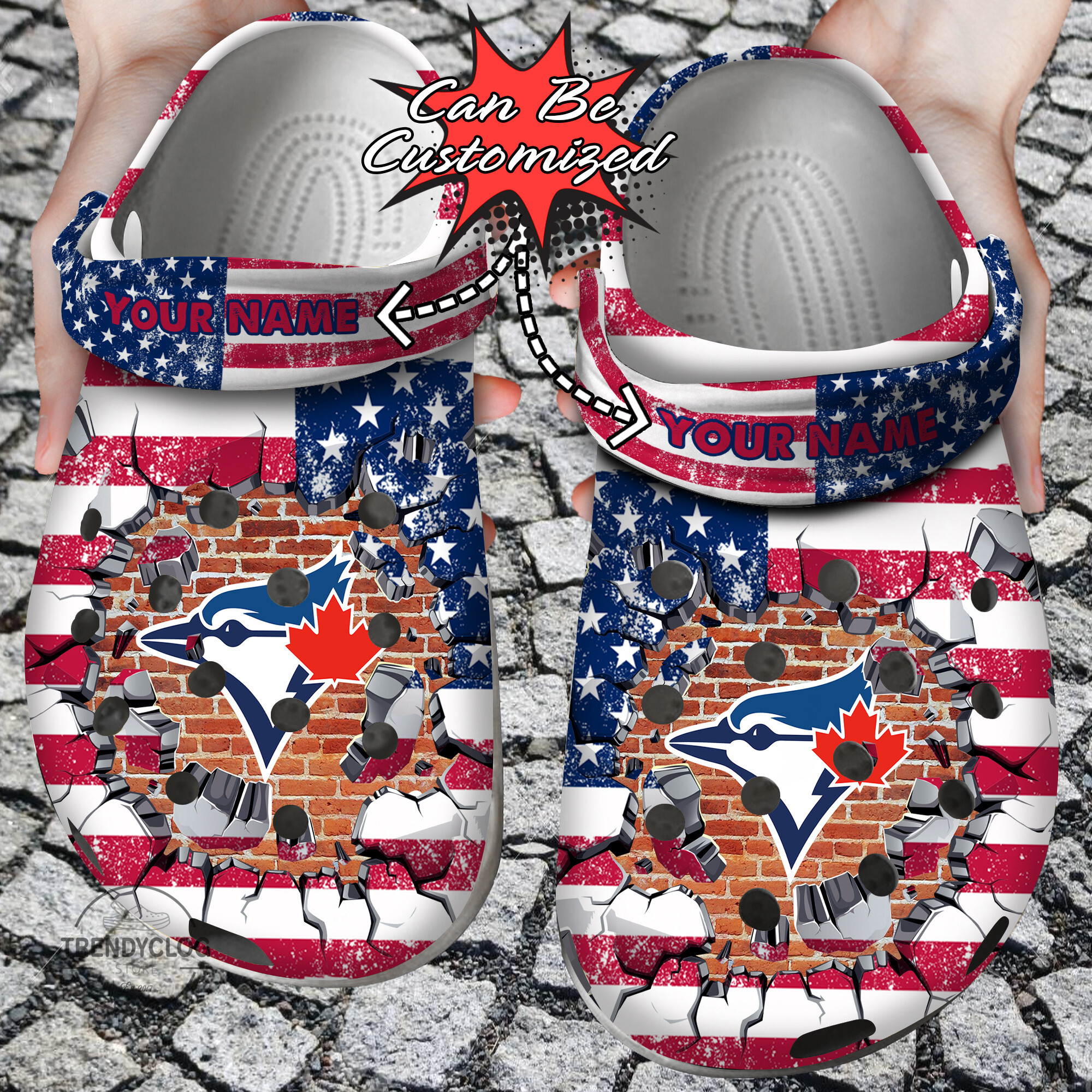 Baseball Crocs Personalized TBlue Jays American Flag Breaking Wall Clog Shoes