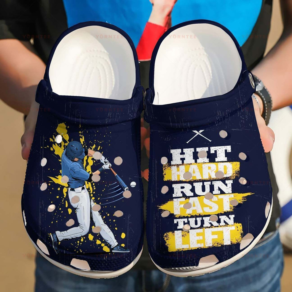 Baseball Hit Hard Run Fast Gift For Lover Rubber Crocs Clog Shoes Comfy Footwear