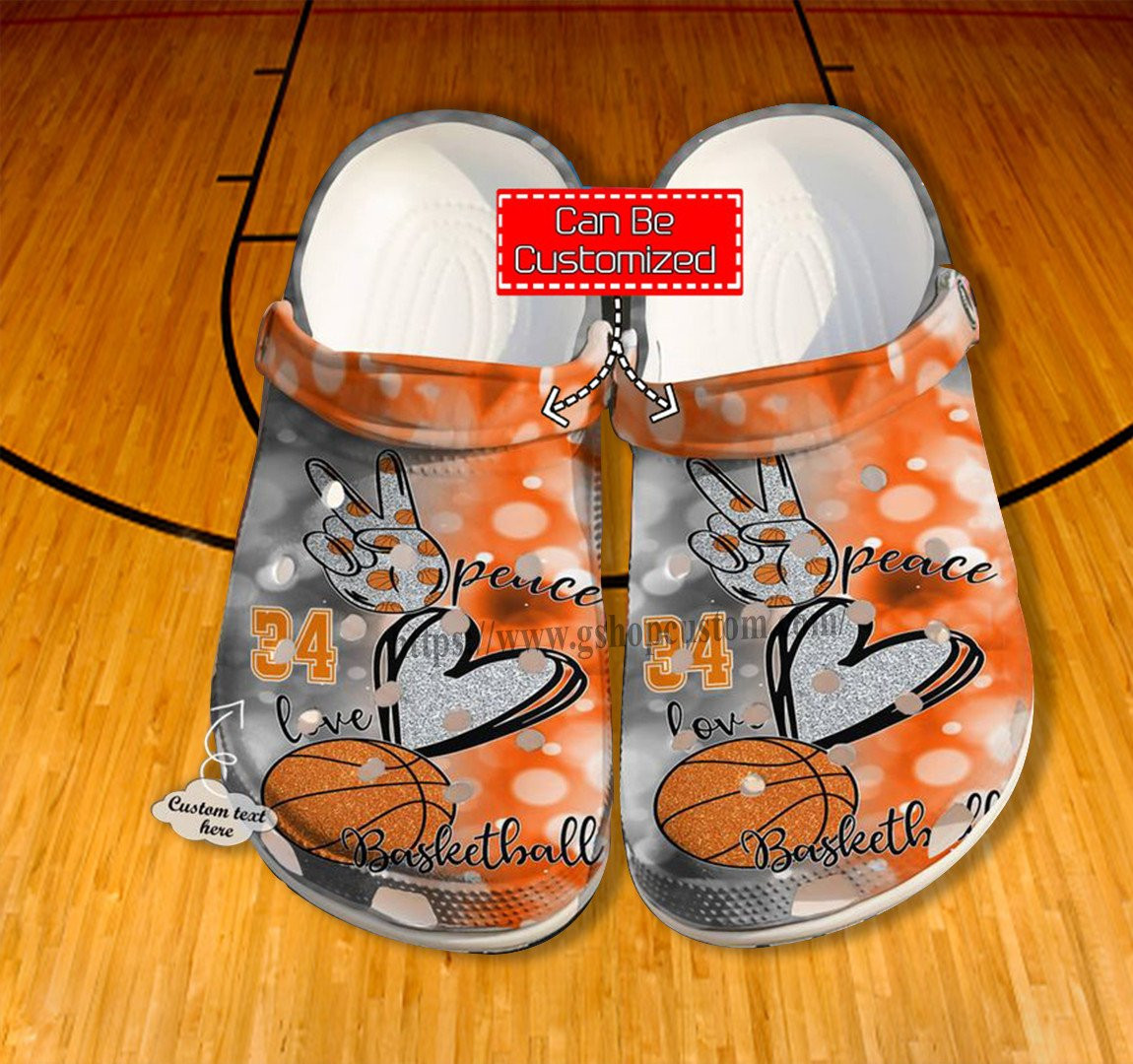 Baseketball Peace Love Orange Crocs Shoes Birthday Gift Grandaughter- Baseketball Niece Shoes Croc Clogs Customize