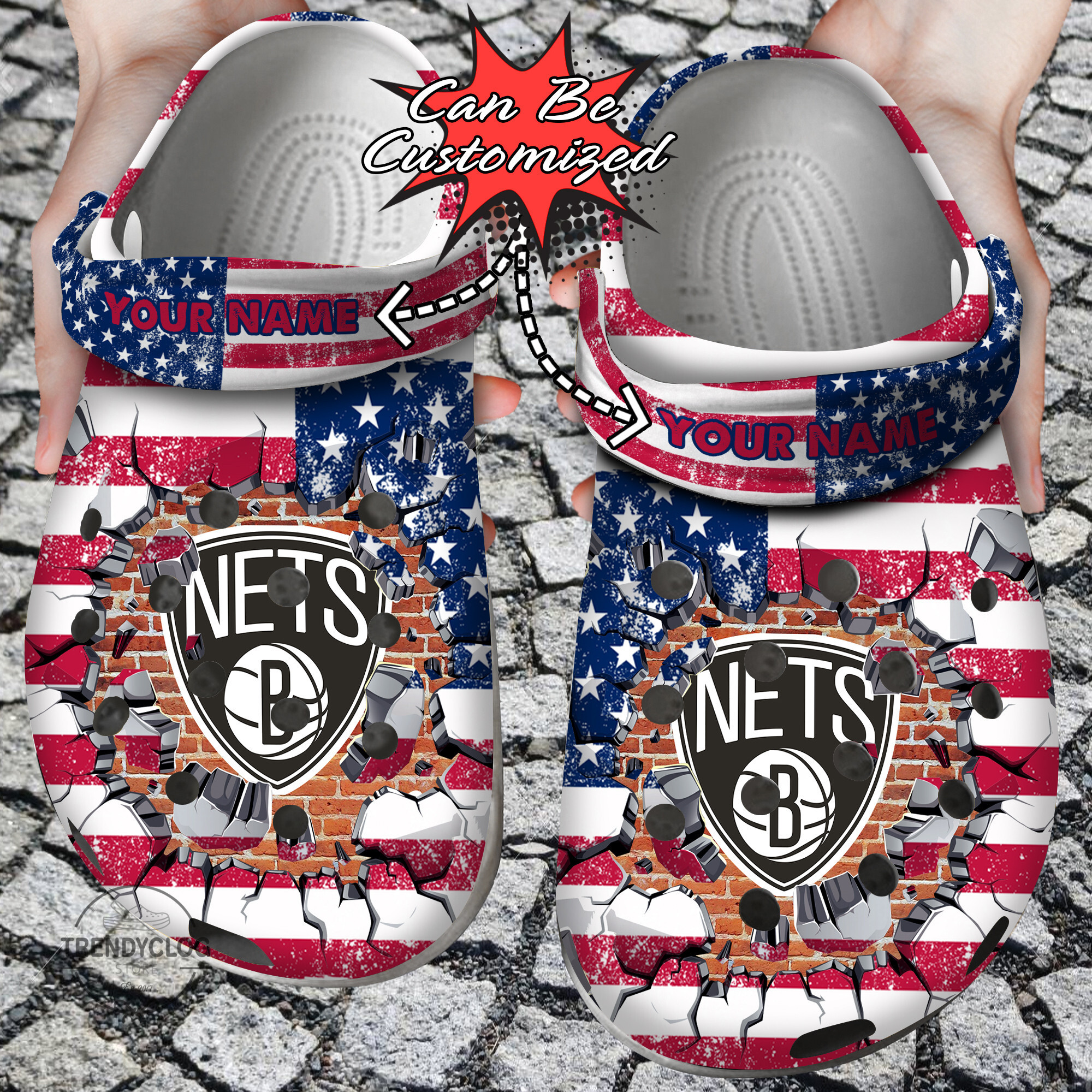 Basketball Crocs Personalized BNets American Flag Breaking Wall Clog Shoes