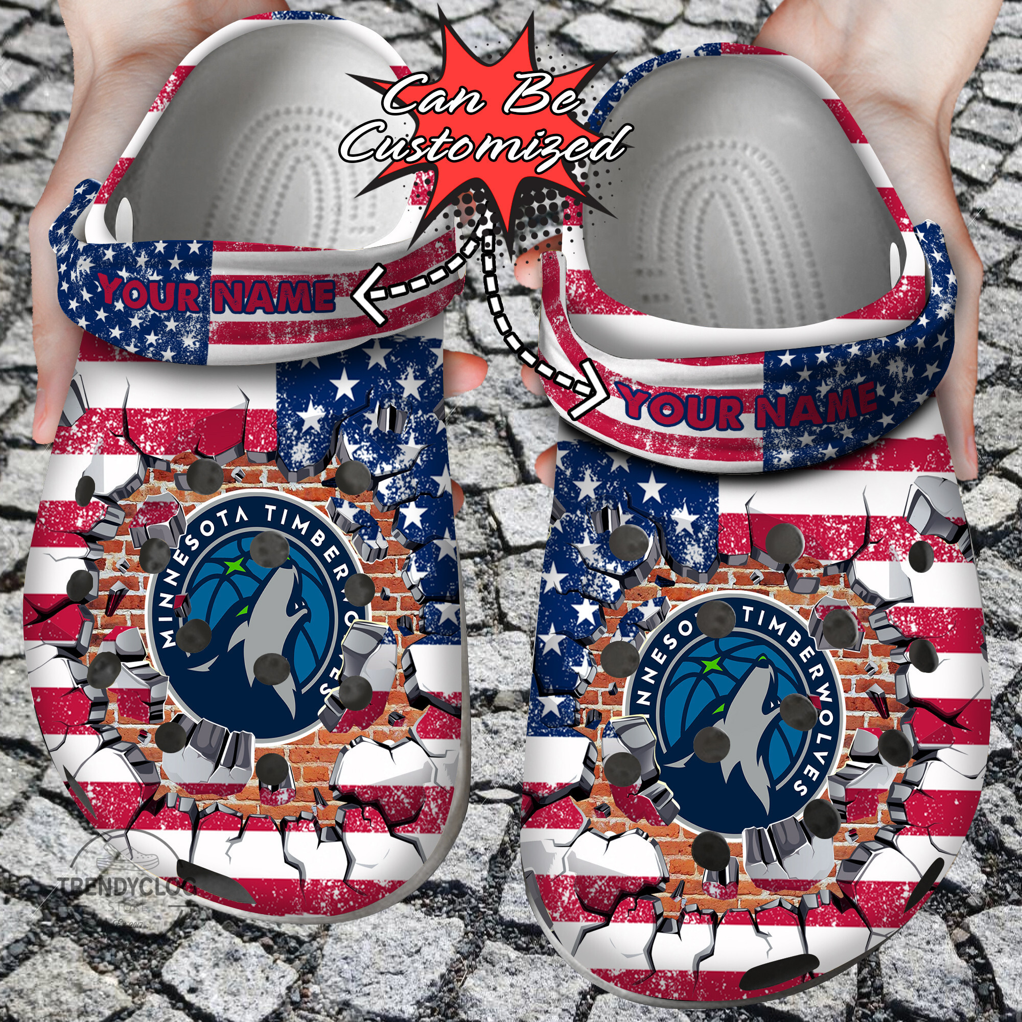 Basketball Crocs Personalized MTimberwolves American Flag Breaking Wall Clog Shoes