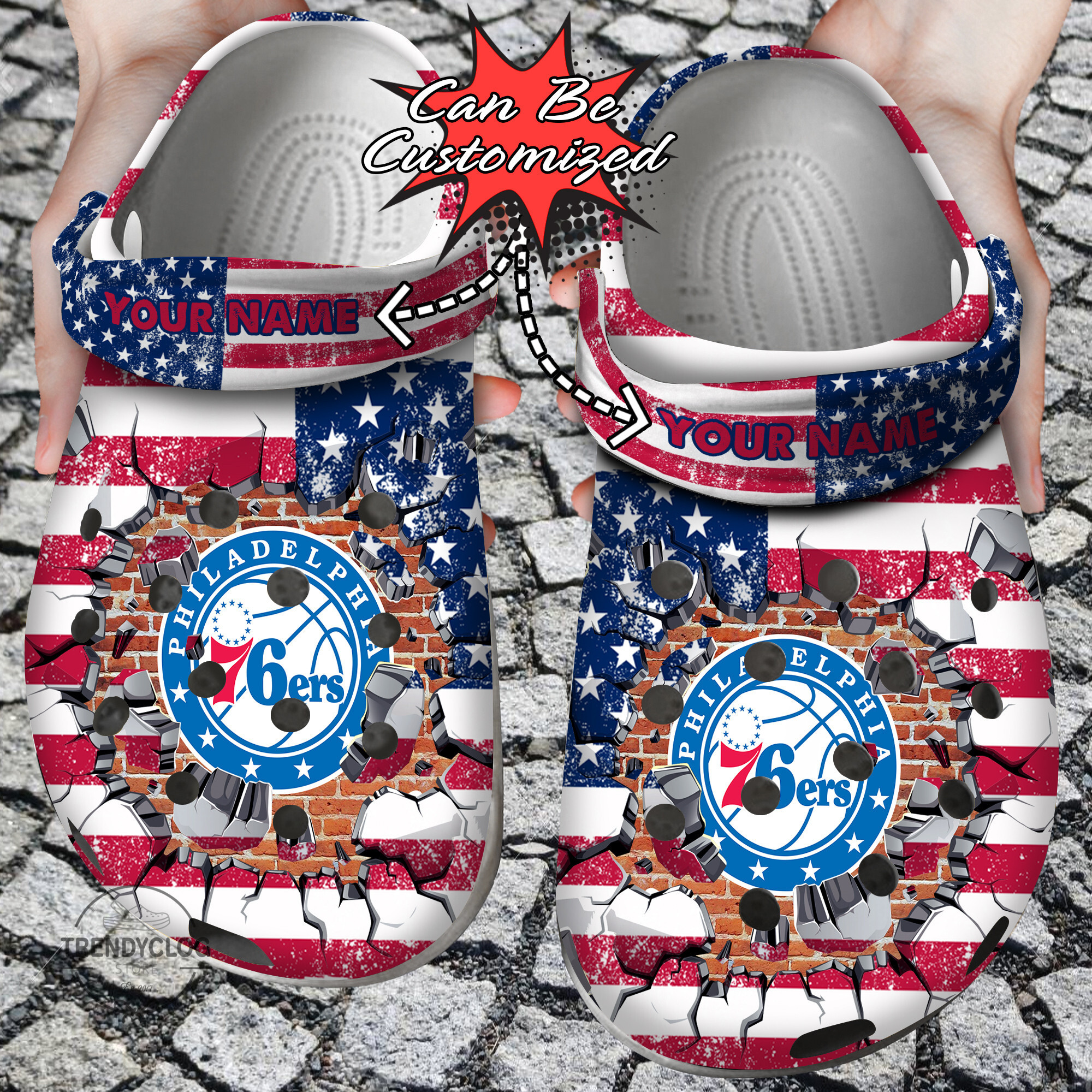 Basketball Crocs Personalized P76ers American Flag Breaking Wall Clog Shoes