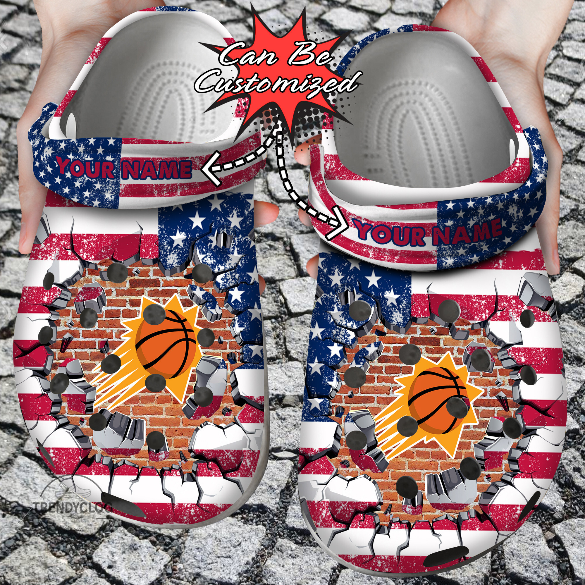 Basketball Crocs Personalized PSuns American Flag Breaking Wall Clog Shoes