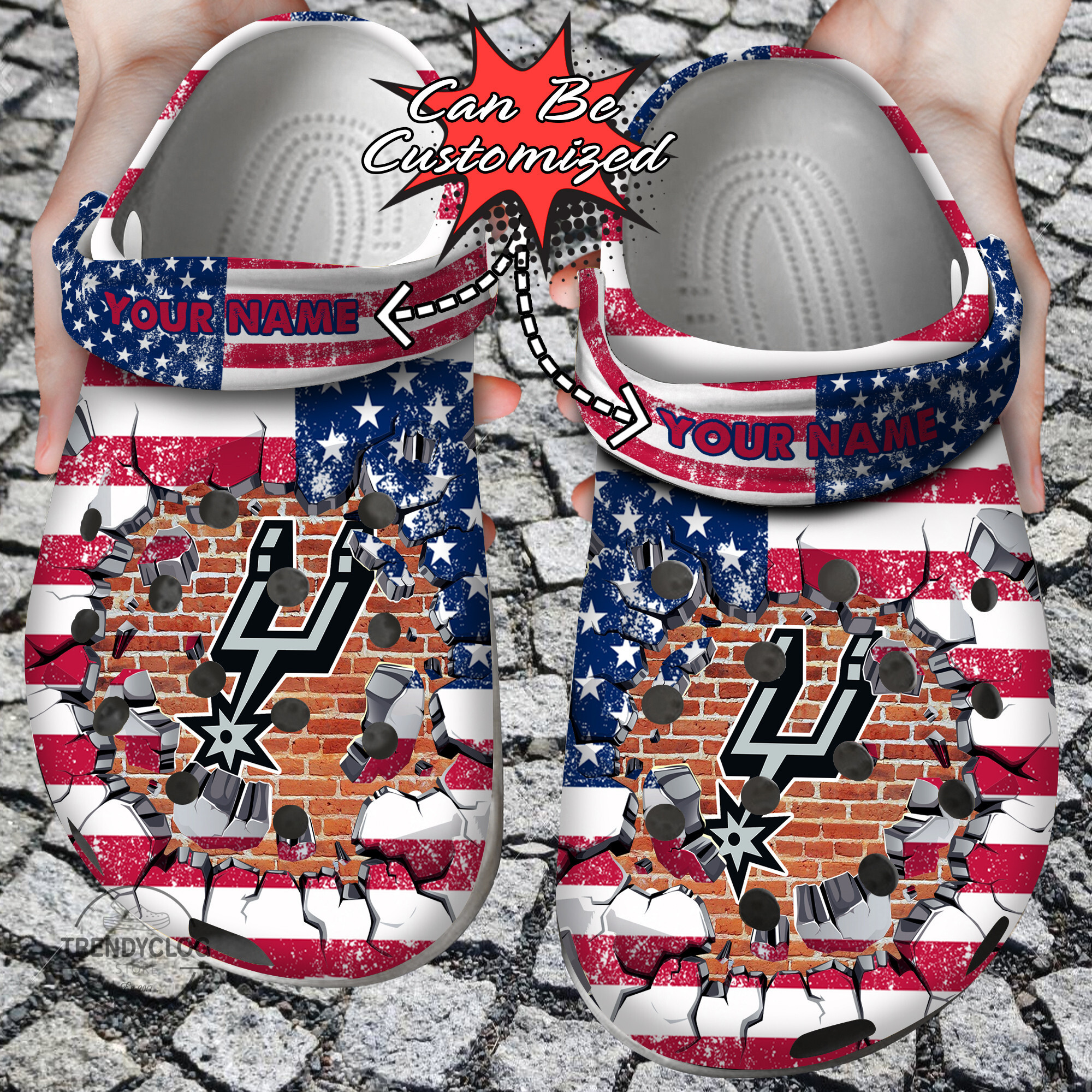 Basketball Crocs Personalized SA Spurs American Flag Breaking Wall Clog Shoes