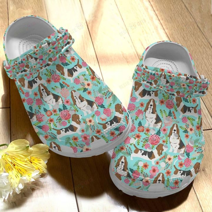 Basset Hound White Sole Floral Pattern Crocs Classic Clogs Shoes